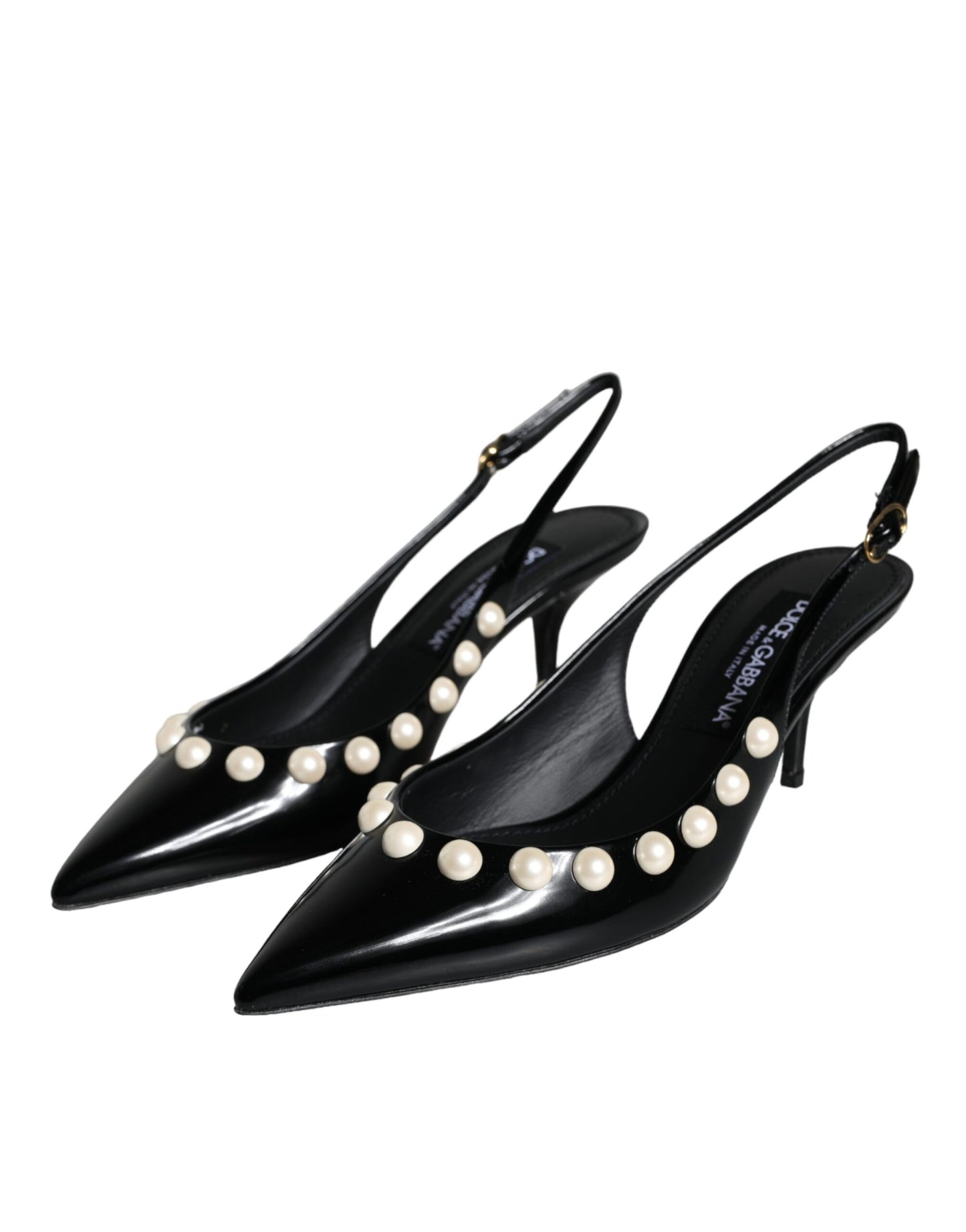  - Black Leather Faux Pearl Heel Slingback Shoes