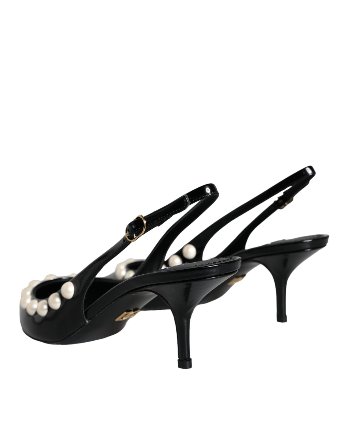  - Black Leather Faux Pearl Heel Slingback Shoes