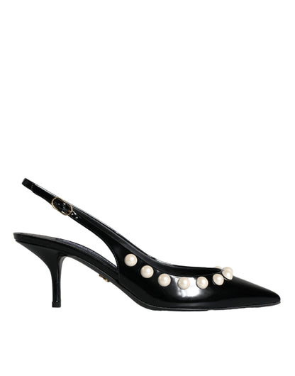  - Black Leather Faux Pearl Heel Slingback Shoes