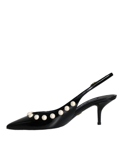  - Black Leather Faux Pearl Heel Slingback Shoes