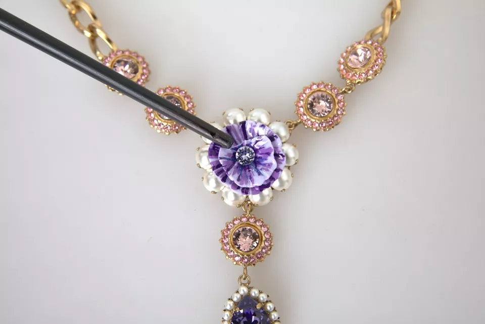  - Gold Brass Crystal Purple Pink Pearl Pendants Necklace