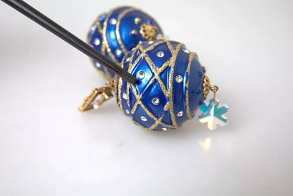  - Gold Brass Blue Dangle Christmas Ball Crystal Clip On Earrings