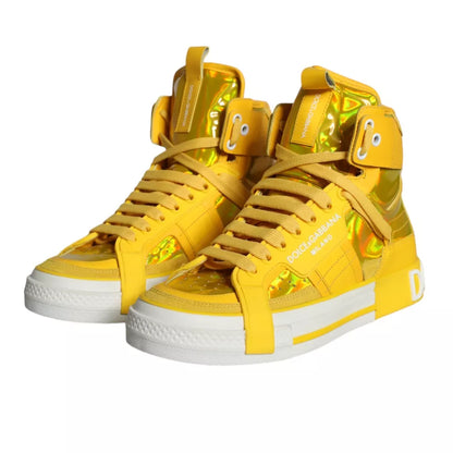  - Yellow White Leather High Top Sneakers Shoes