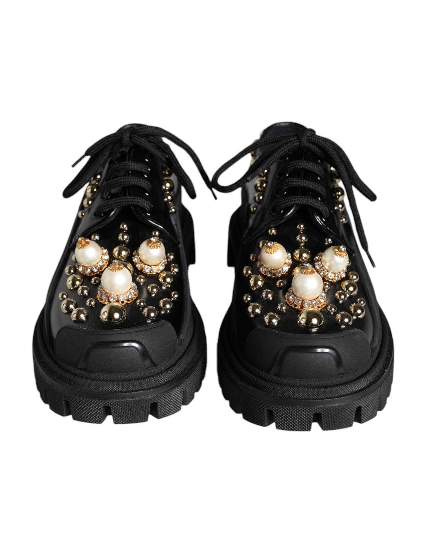  - Black Leather Trekking Derby Embellished Shoes