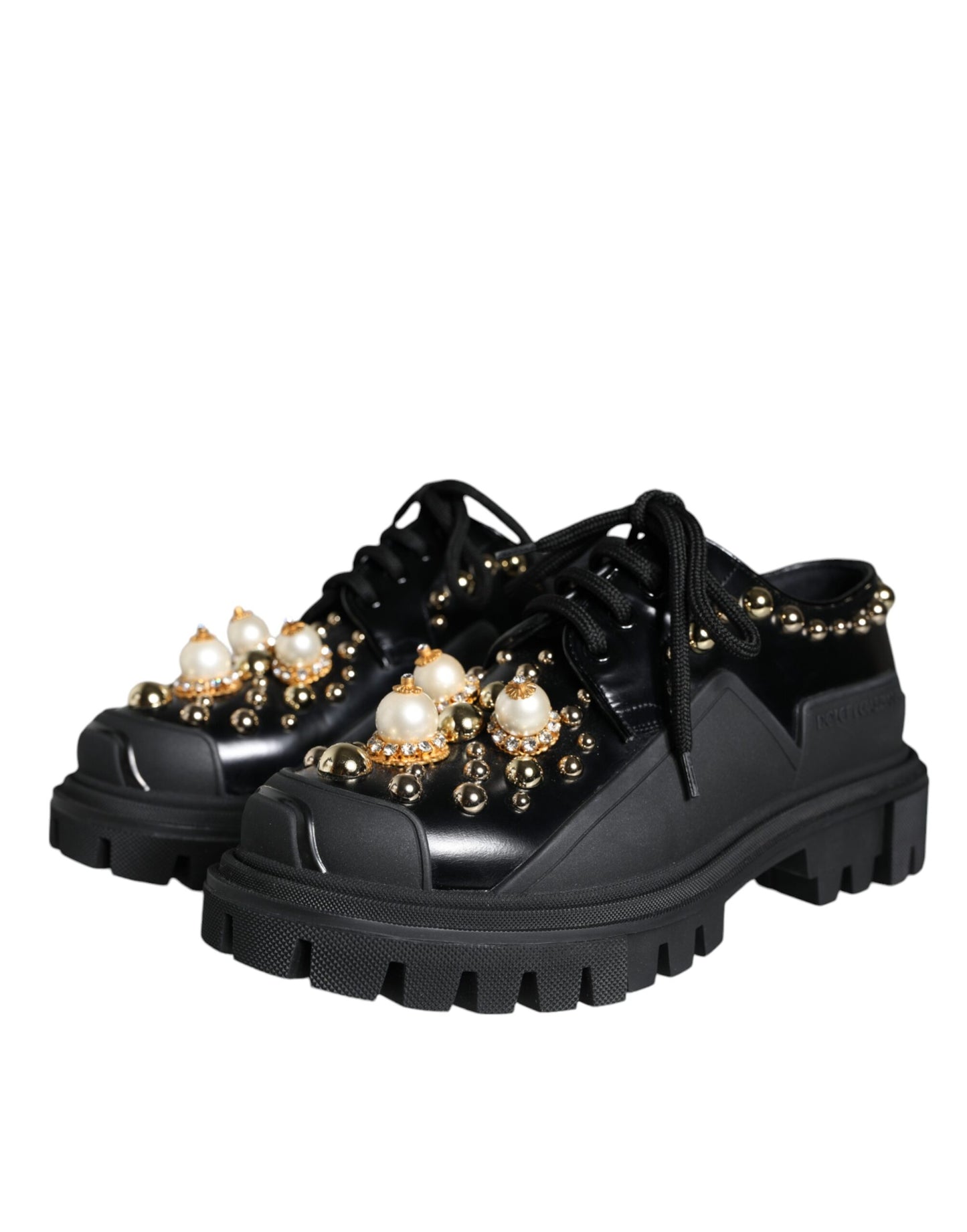  - Black Leather Trekking Derby Embellished Shoes