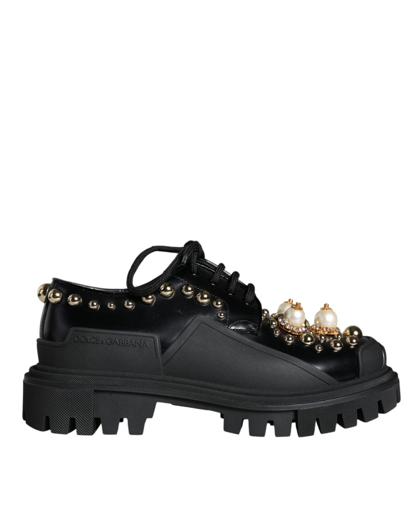  - Black Leather Trekking Derby Embellished Shoes