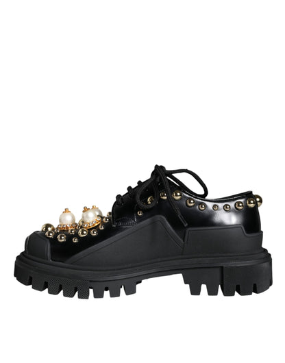  - Black Leather Trekking Derby Embellished Shoes