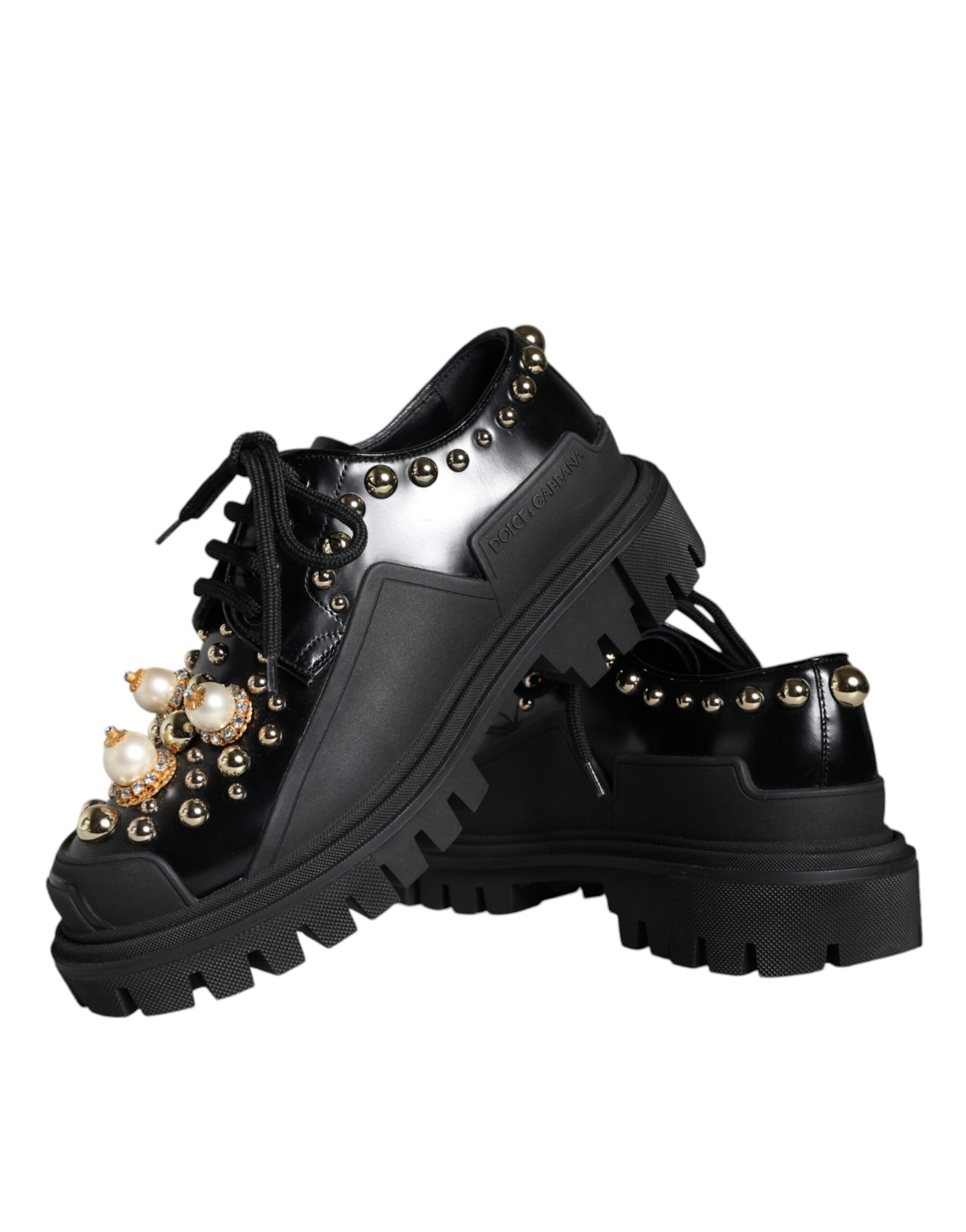  - Black Leather Trekking Derby Embellished Shoes