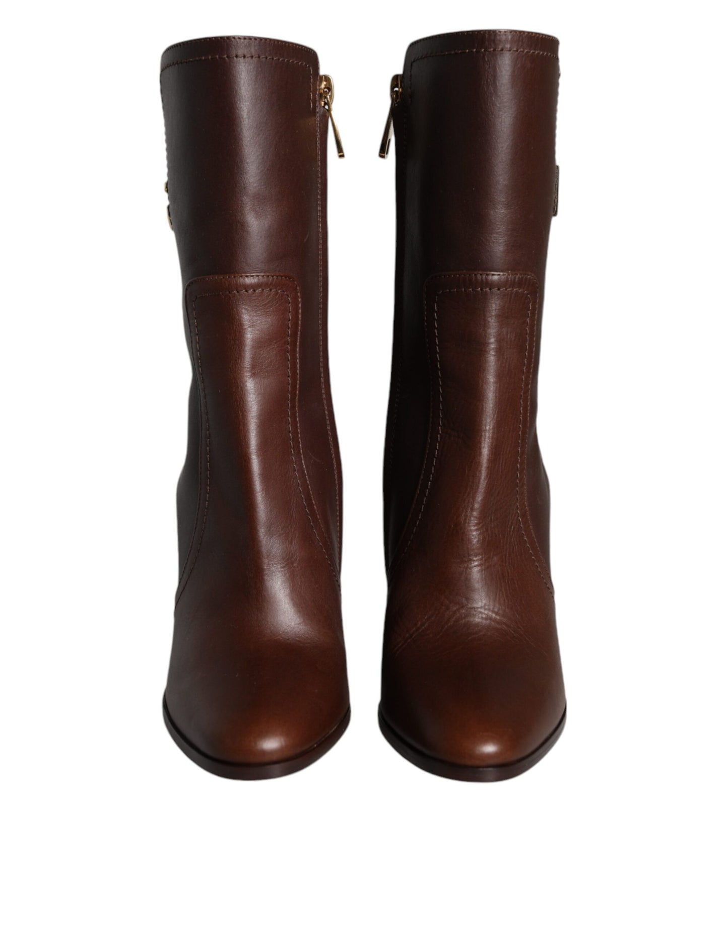 Brown Leather Heels Mid Calf Boots Shoes - The Luxe Alliance