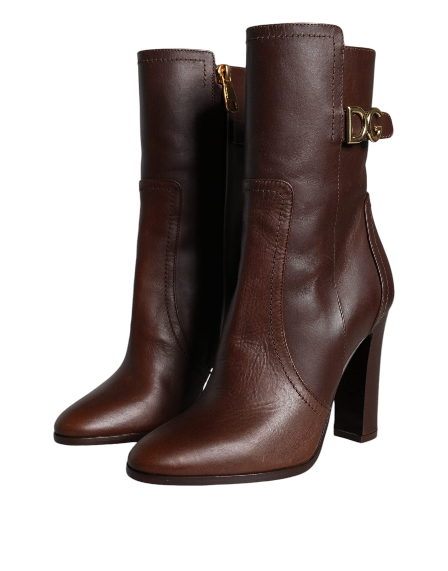 Brown Leather Heels Mid Calf Boots Shoes - The Luxe Alliance