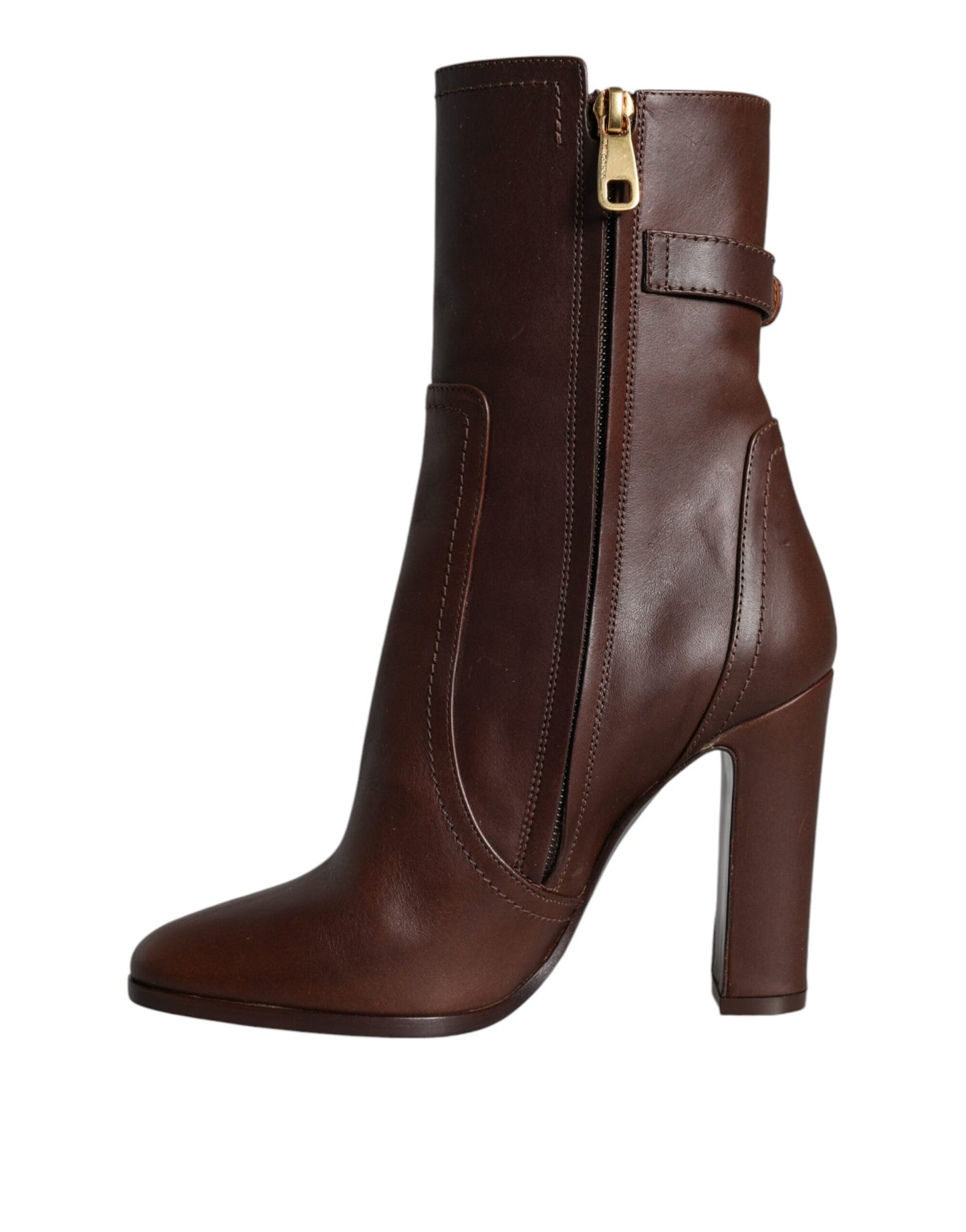 Brown Leather Heels Mid Calf Boots Shoes - The Luxe Alliance