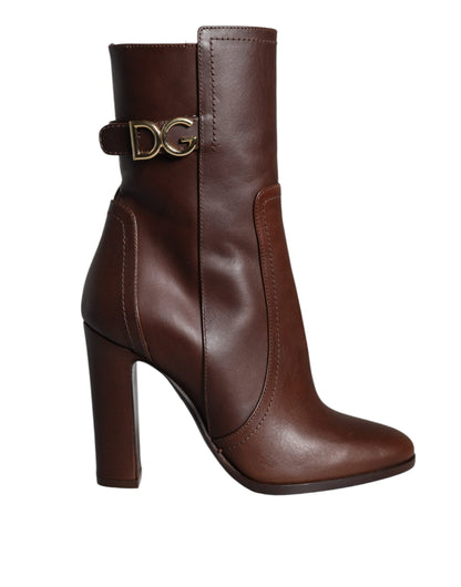 Brown Leather Heels Mid Calf Boots Shoes - The Luxe Alliance