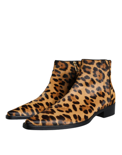  - Brown Leopard Calf Fur Ankle Boots Shoes