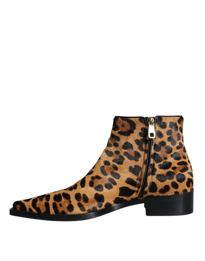  - Brown Leopard Calf Fur Ankle Boots Shoes