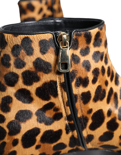  - Brown Leopard Calf Fur Ankle Boots Shoes