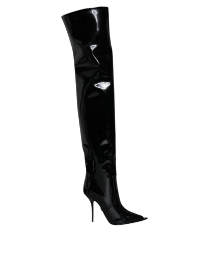 Black Patent Leather Knee High Boots Shoes - The Luxe Alliance