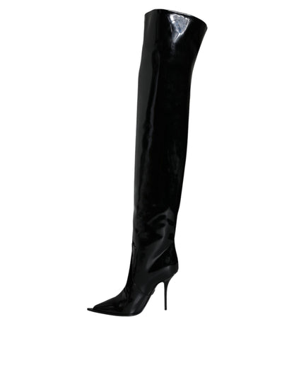 Black Patent Leather Knee High Boots Shoes - The Luxe Alliance