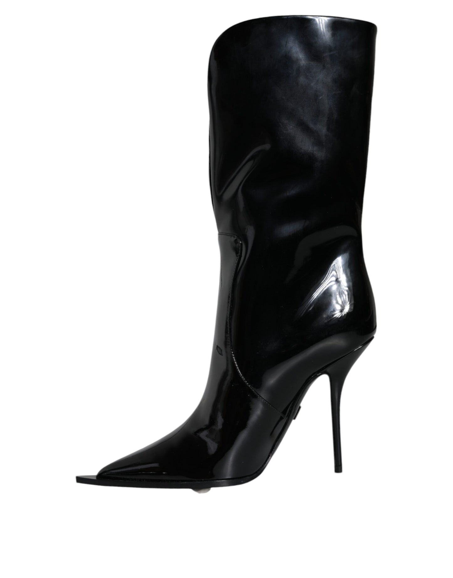 Black Patent Leather Mid Calf Boots Shoes - The Luxe Alliance