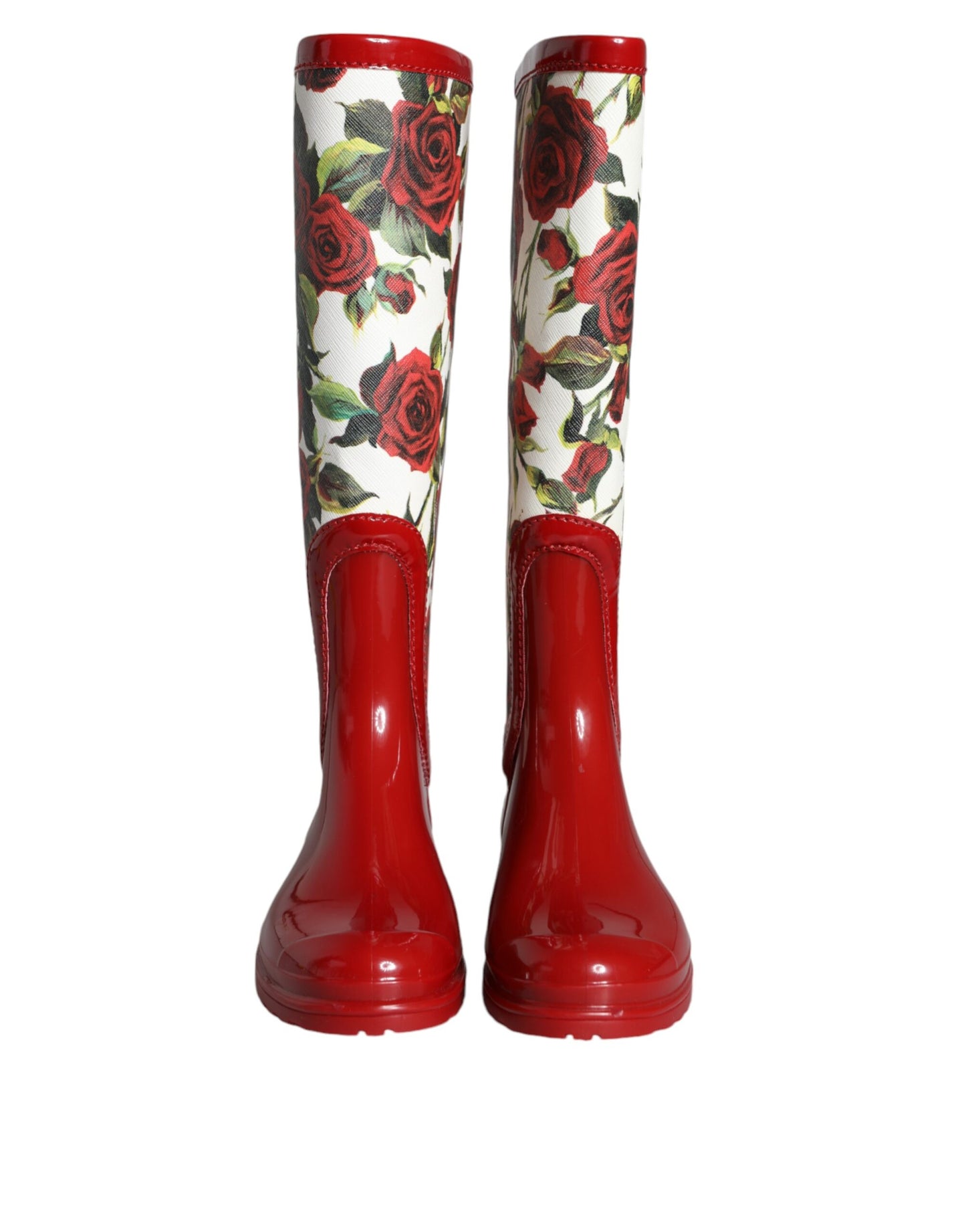 Red Floral Rubber Knee High Flat Boots Shoes - The Luxe Alliance