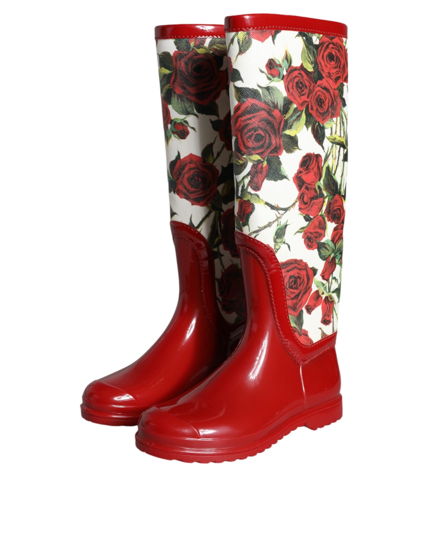 Red Floral Rubber Knee High Flat Boots Shoes - The Luxe Alliance