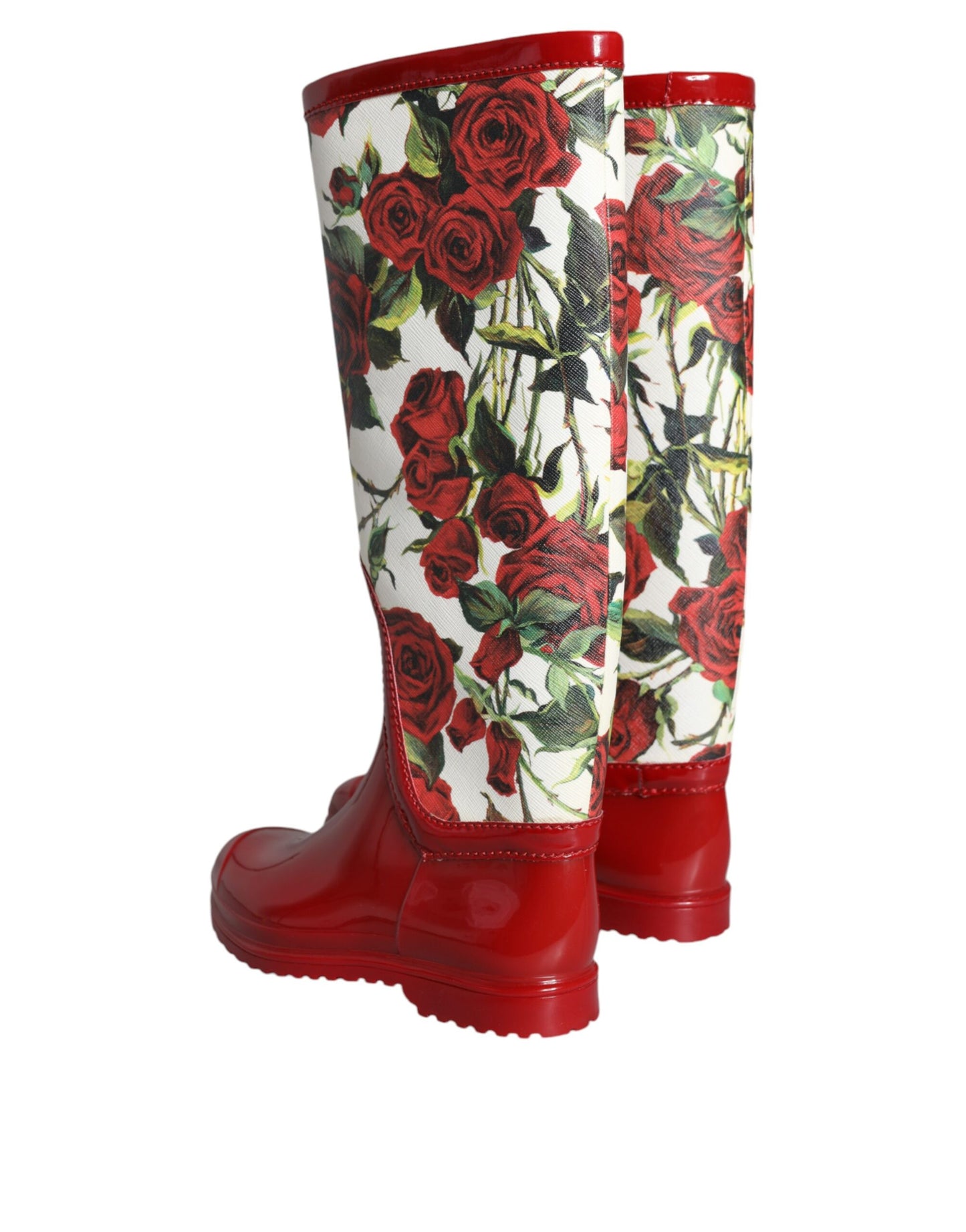 Red Floral Rubber Knee High Flat Boots Shoes - The Luxe Alliance