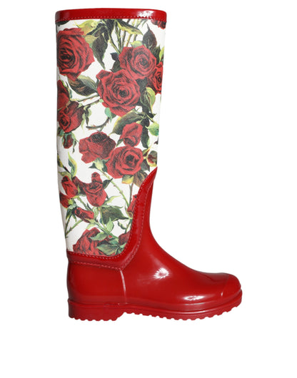 Red Floral Rubber Knee High Flat Boots Shoes - The Luxe Alliance