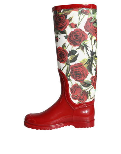 Red Floral Rubber Knee High Flat Boots Shoes - The Luxe Alliance