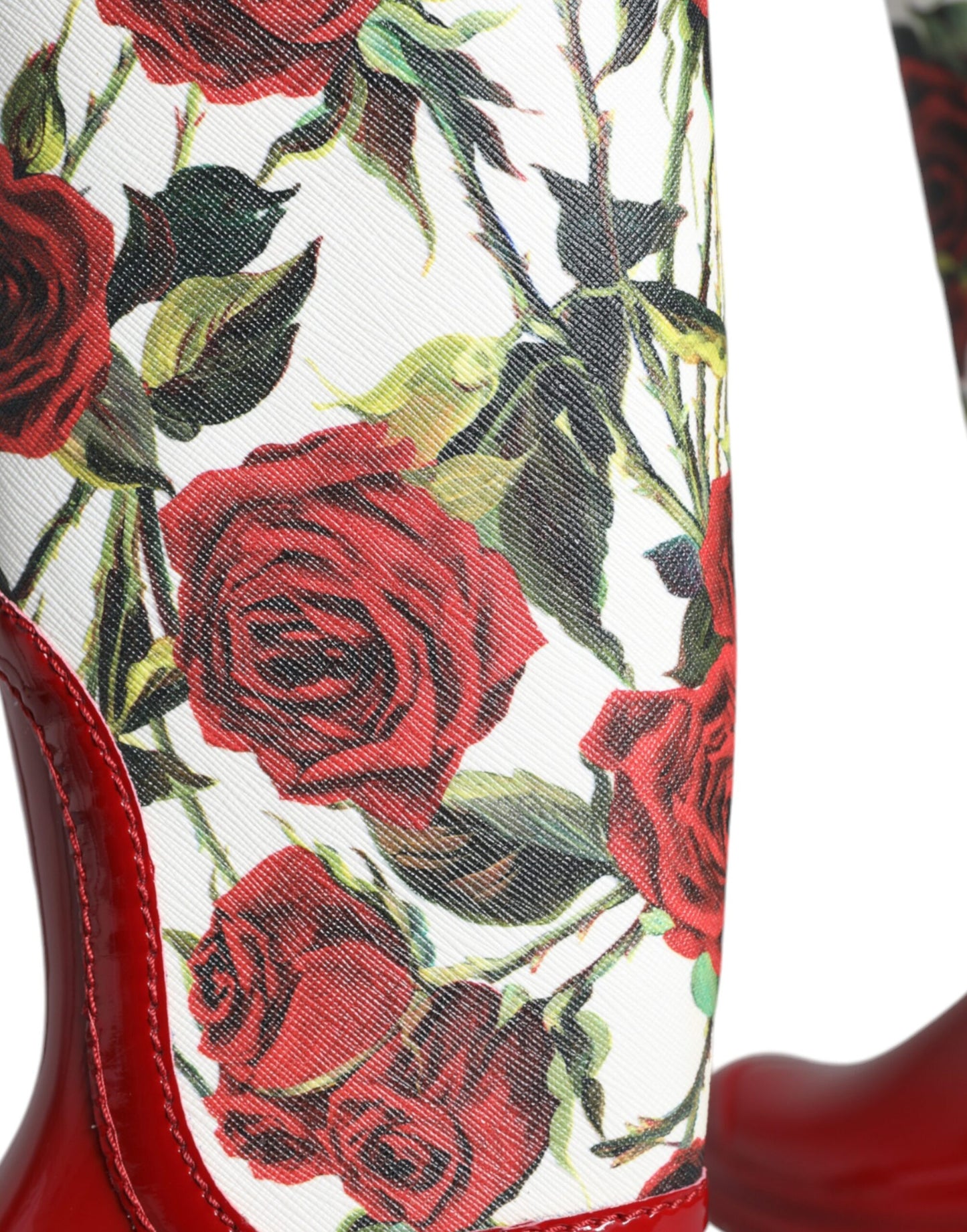 Red Floral Rubber Knee High Flat Boots Shoes - The Luxe Alliance