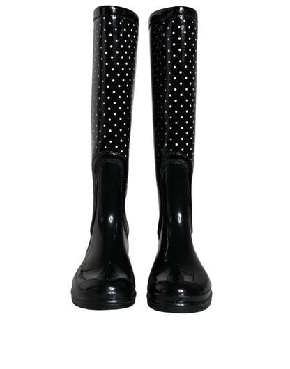 Black Polka Dot Rubber Knee High Boots Shoes - The Luxe Alliance