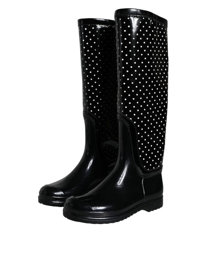 Black Polka Dot Rubber Knee High Boots Shoes - The Luxe Alliance