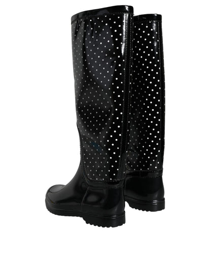 Black Polka Dot Rubber Knee High Boots Shoes - The Luxe Alliance