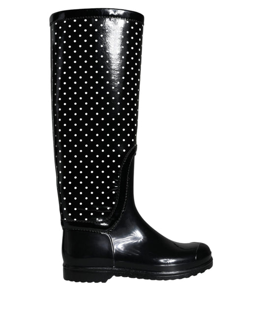 Black Polka Dot Rubber Knee High Boots Shoes - The Luxe Alliance