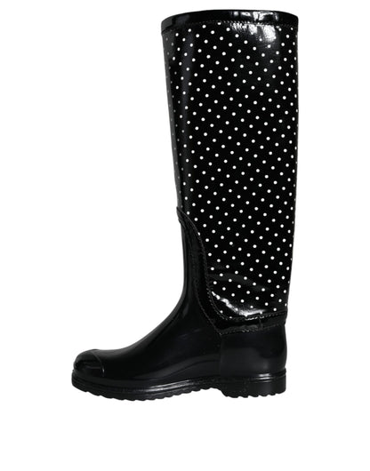 Black Polka Dot Rubber Knee High Boots Shoes - The Luxe Alliance