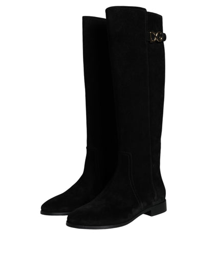 Dolce & Gabbana Black Suede Leather Knee High Boots