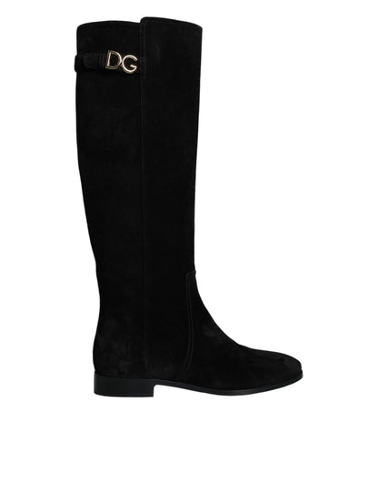 Black Suede Leather Knee High Boots Shoes