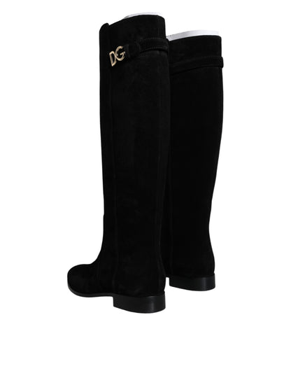 Dolce & Gabbana Black Suede Leather Knee High Boots