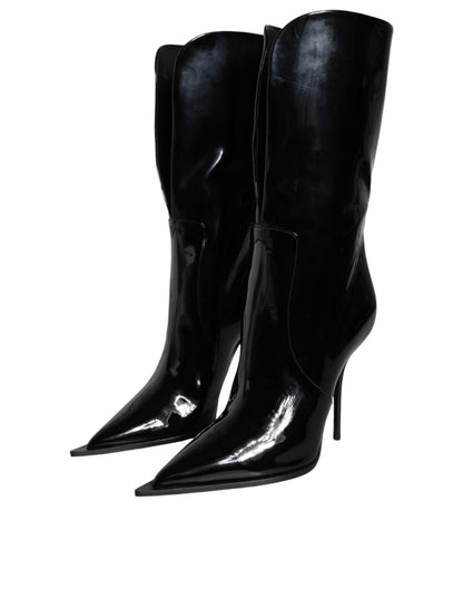 Black Patent Leather Mid Calf Boots Shoes - The Luxe Alliance