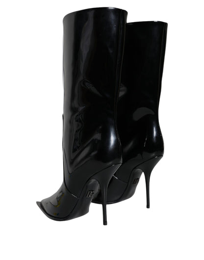 Black Patent Leather Mid Calf Boots Shoes - The Luxe Alliance