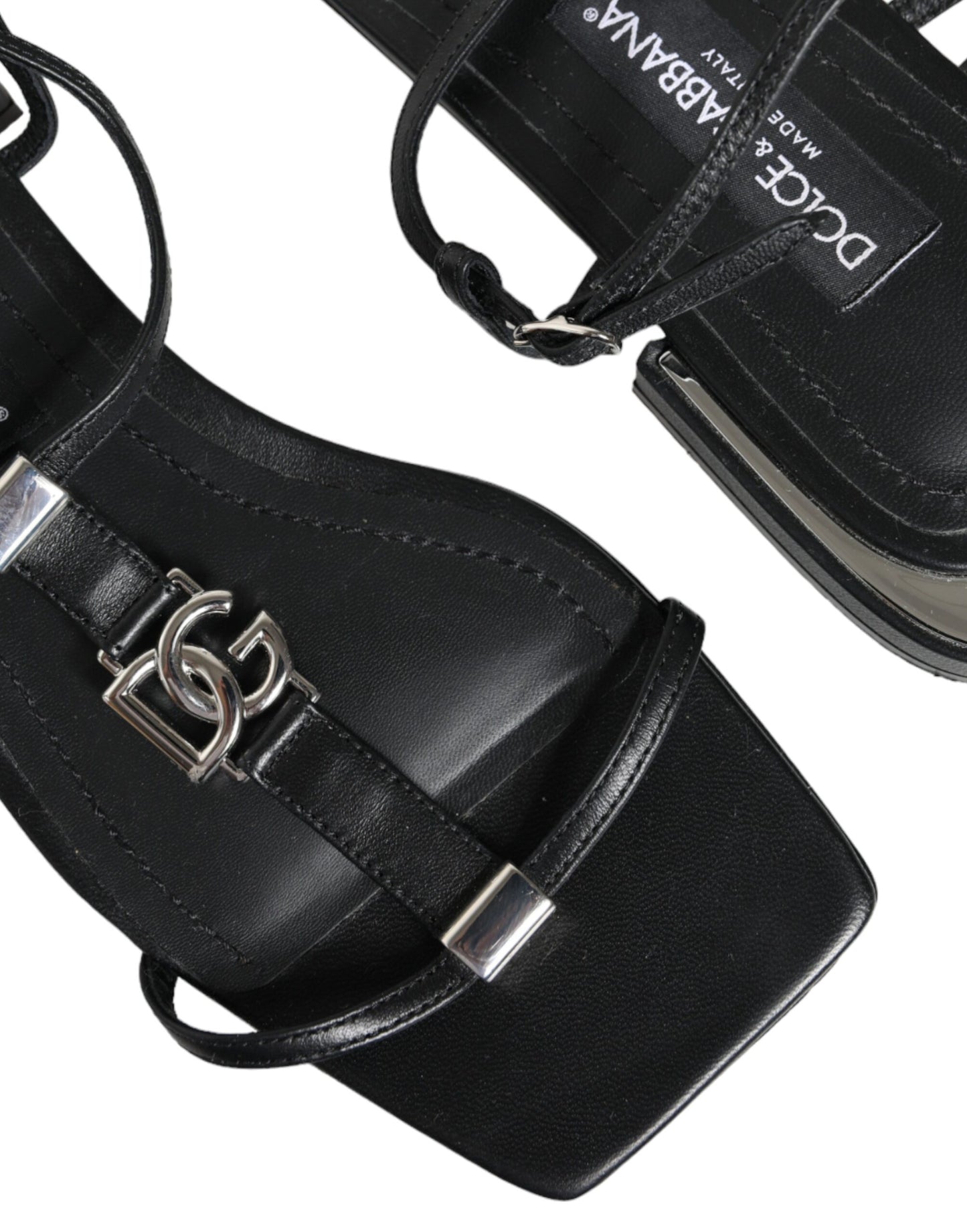 Black Leather Logo Ankle Strap Keira Sandals Shoes - The Luxe Alliance