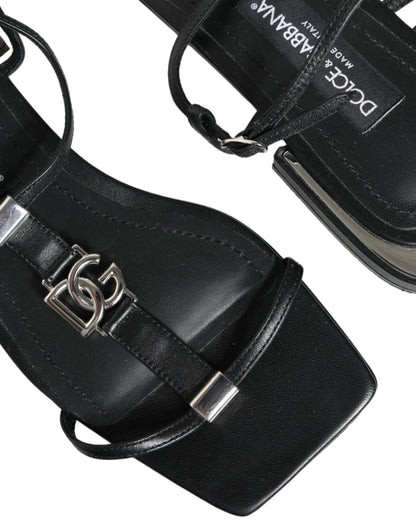 Black Leather Logo Ankle Strap Keira Sandals Shoes - The Luxe Alliance