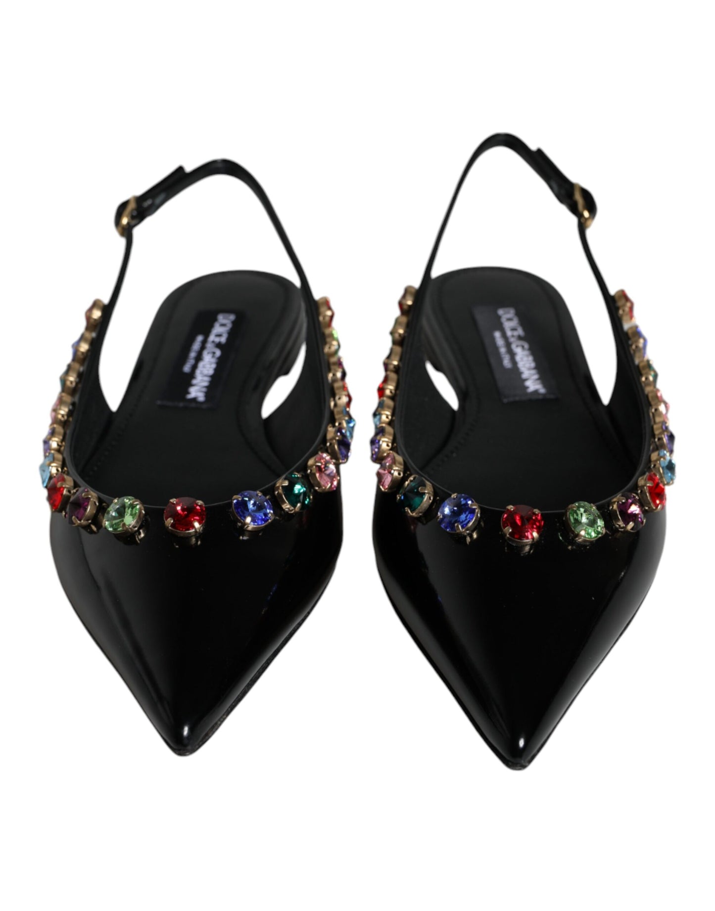  - Black Leather Crystal Flats Slingback Shoes