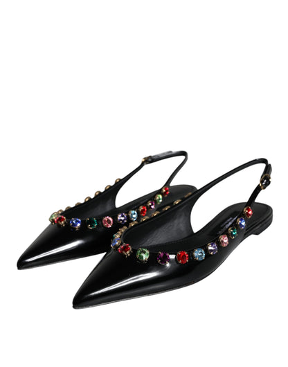  - Black Leather Crystal Flats Slingback Shoes