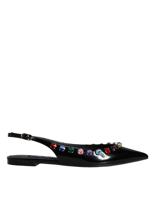  - Black Leather Crystal Flats Slingback Shoes