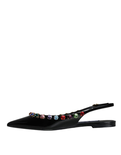  - Black Leather Crystal Flats Slingback Shoes