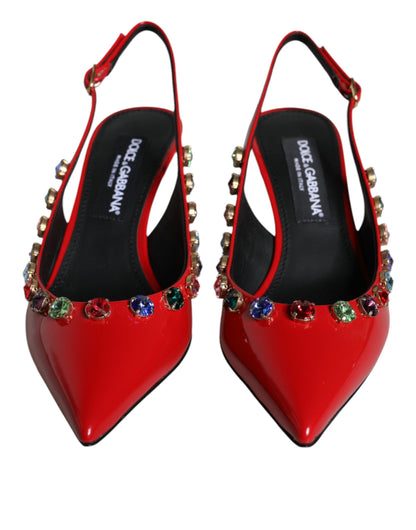  - Red Leather Crystal Heels Slingback Shoes