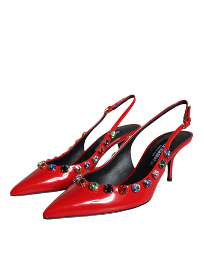  - Red Leather Crystal Heels Slingback Shoes