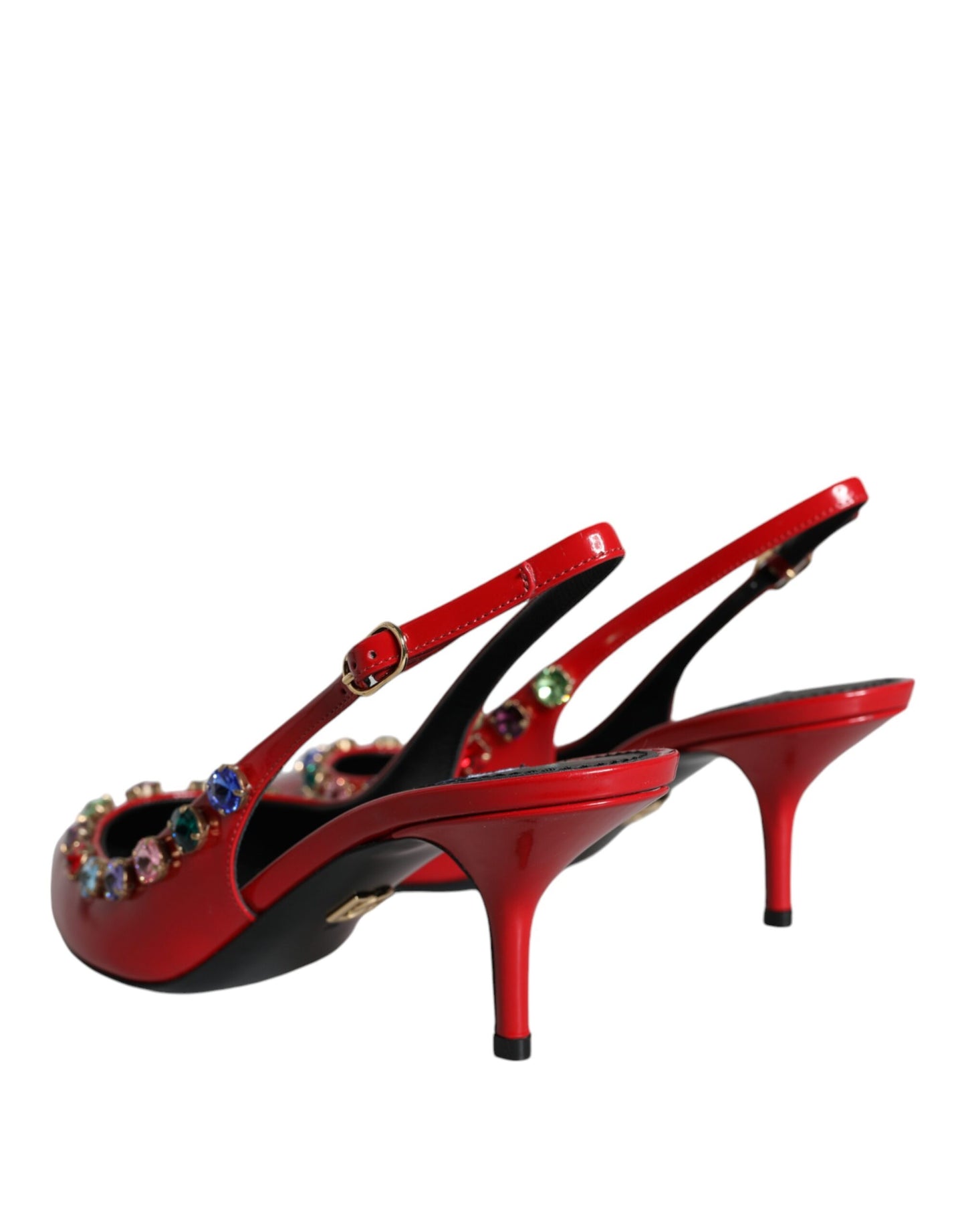  - Red Leather Crystal Heels Slingback Shoes