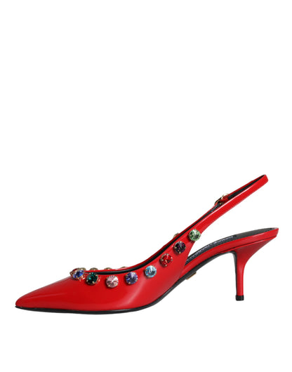  - Red Leather Crystal Heels Slingback Shoes