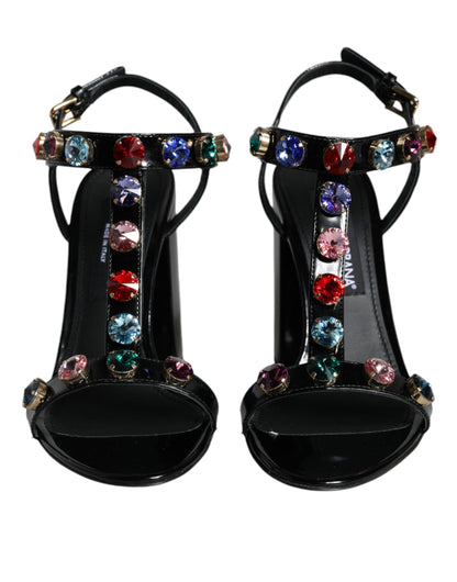  - Black Crystal Leather T-strap Sandals Shoes