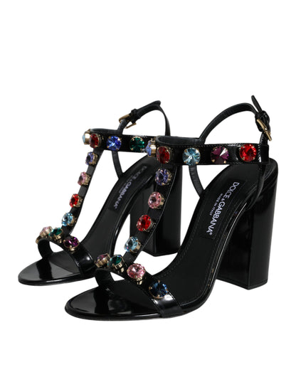  - Black Crystal Leather T-strap Sandals Shoes